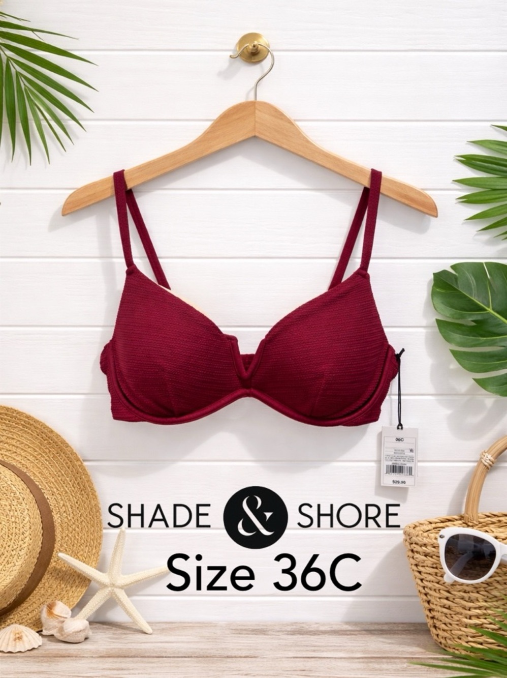 Shade & Shore Maroon Textured Underwire Bikini Top Like New 36C
